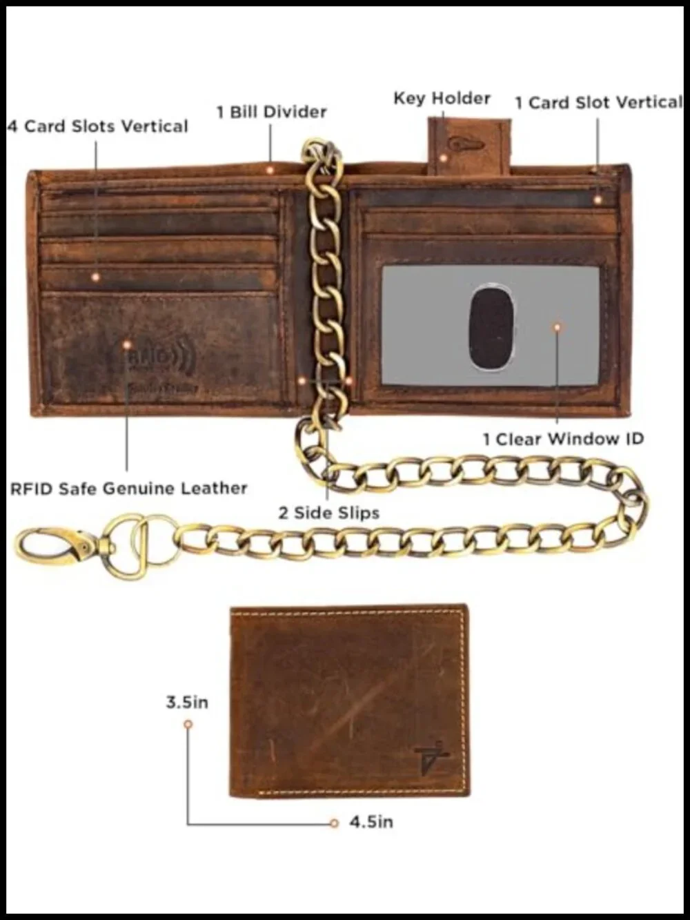 Genuine Leather Bifold RFID Wallet with ID Window & Chain